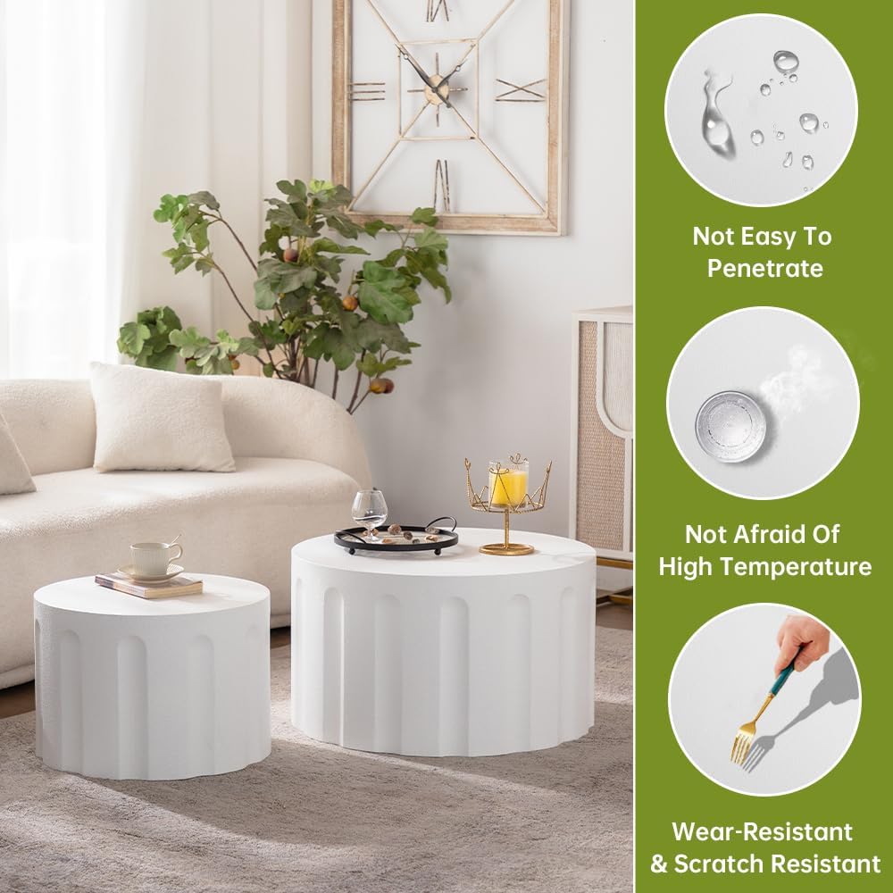 Round Nesting Coffee Table Modern White Fluted Coffee Table Set of 2 Stripe Round Coffee Tables Drum Crescent Side Table Accent End Table for Living Room (White D Large)