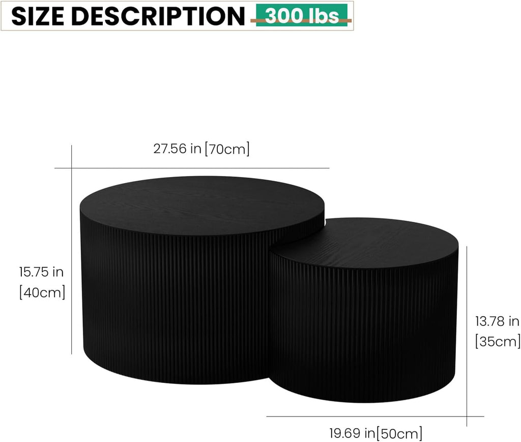 Round Wood Coffee Table Set of 2 Modern Circle Nesting Coffee Table Handcrafted Drum Nesting Table Nesting Coffee Tables for Living Room for Small Space (Black C (D27.56+D19.69 inch))