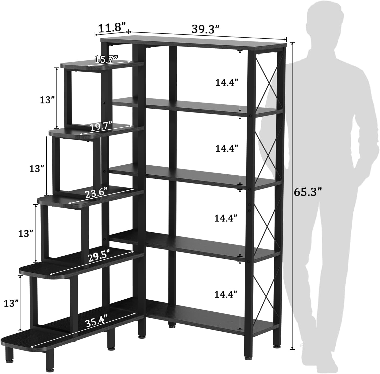 Corner Bookshelf Bookcase, Large Reversible 5 Tier Ladder Shelves Storage Display Rack with Metal Frame, Industrial Home Office Furniture for Living Room Bedroom, Black