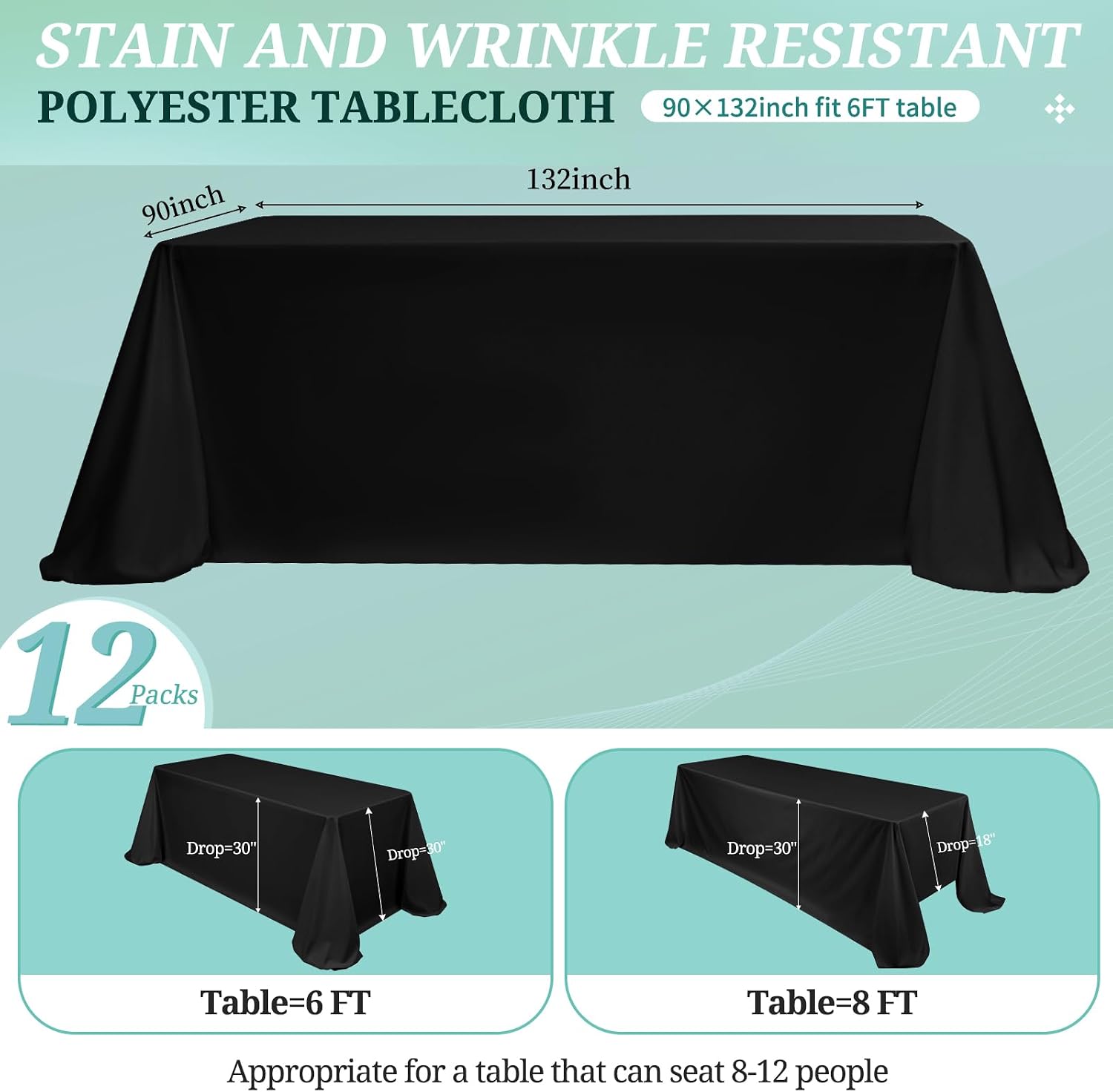 12 Pack Black Tablecloths for 8ft Rectangle Tables 90 x 132 Inch - Polyester Table Cover Stain and Wrinkle Resistant Washable Fabric Table Clothes for Wedding Party Banquet Reception Restaurant