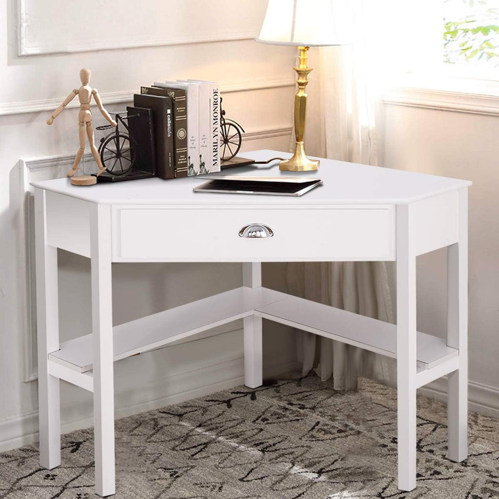 Corner Computer Desk, Space-Saving Table With Drawer & Shelves, Home Office 90 Triangle Workstation, Modern Makeup Vanity, Small Desk for Small Spaces (White)