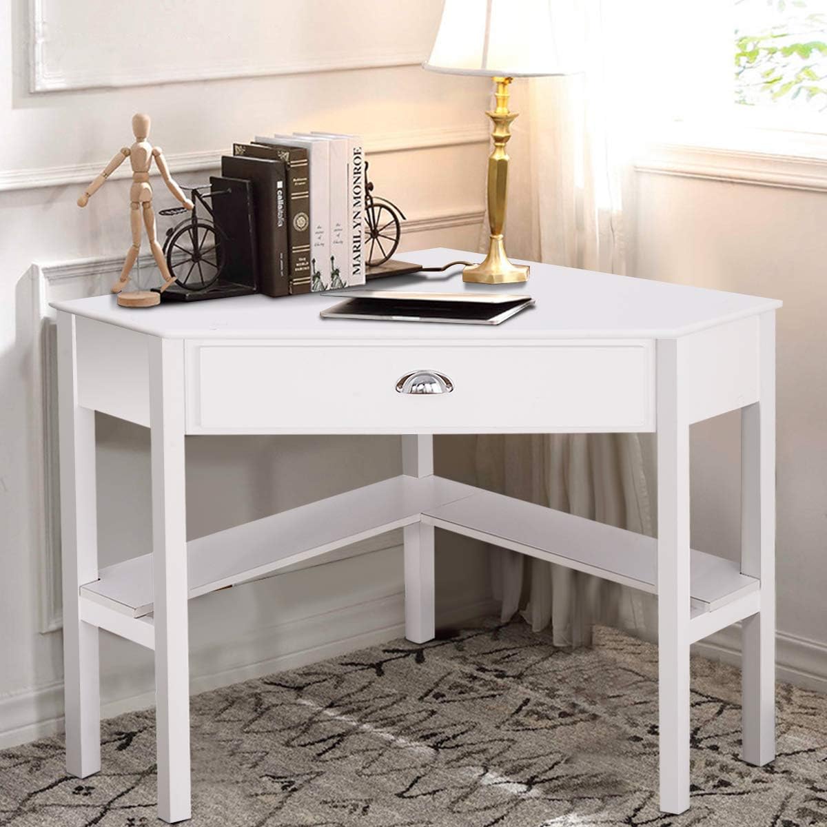 Corner Computer Desk, Space-Saving Table With Drawer & Shelves, Home Office 90 Triangle Workstation, Modern Makeup Vanity, Small Desk for Small Spaces (White)