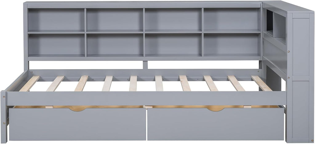 Twin Size Daybed with Storage Drawers and L-Shaped Bookcase Headboard, Wood Corner Bed Frame with Charging Station and Shelves for Kids Boys Girls, Grey