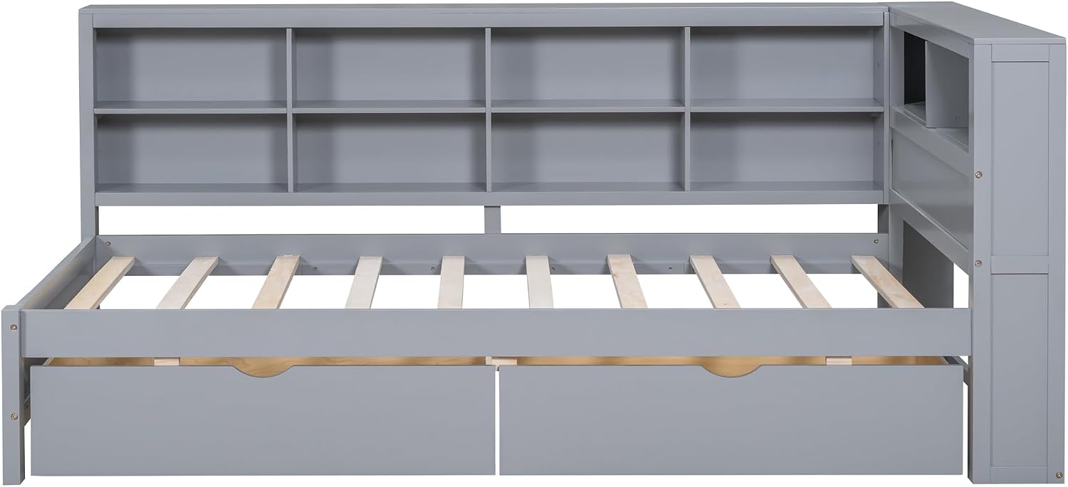 Twin Size Daybed with Storage Drawers and L-Shaped Bookcase Headboard, Wood Corner Bed Frame with Charging Station and Shelves for Kids Boys Girls, Grey