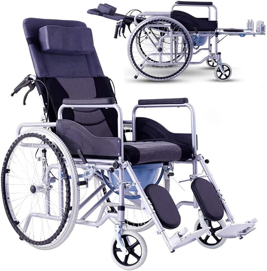 Wheelchair High Backrest Fold Super Light, Portable with Toilet No Need for Pneumatic Tires Lying Down Self-Propelled Senior/Disabled Trolley Scooter,Portable