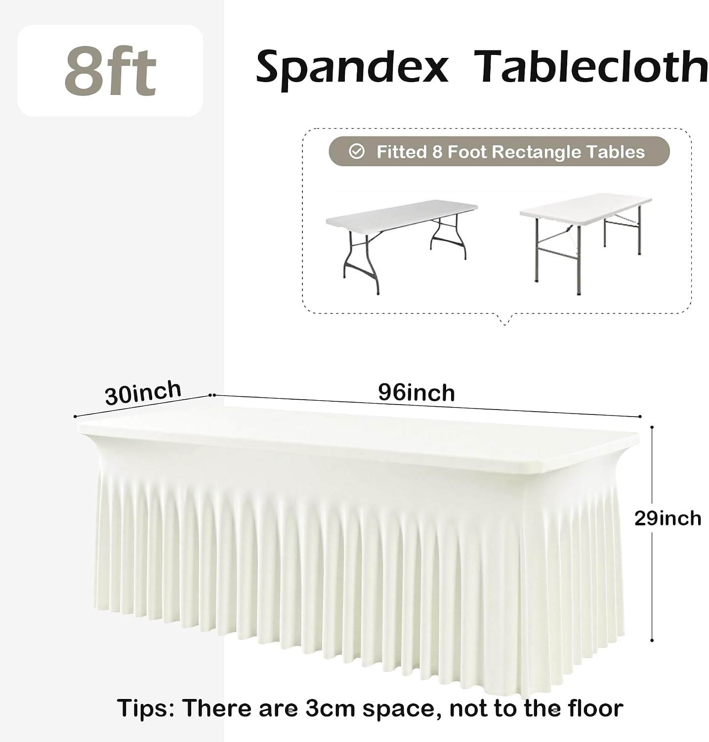 6 pk Ivory Spandex Tablecloth for 8 Foot Rectangle Tables,Wrinkle Free High Stretchy Cream Fitted Tablecloths with Ruffle Skirt, Elastic Spandex Table Covers 8 ft for Parties Weddings Banquet