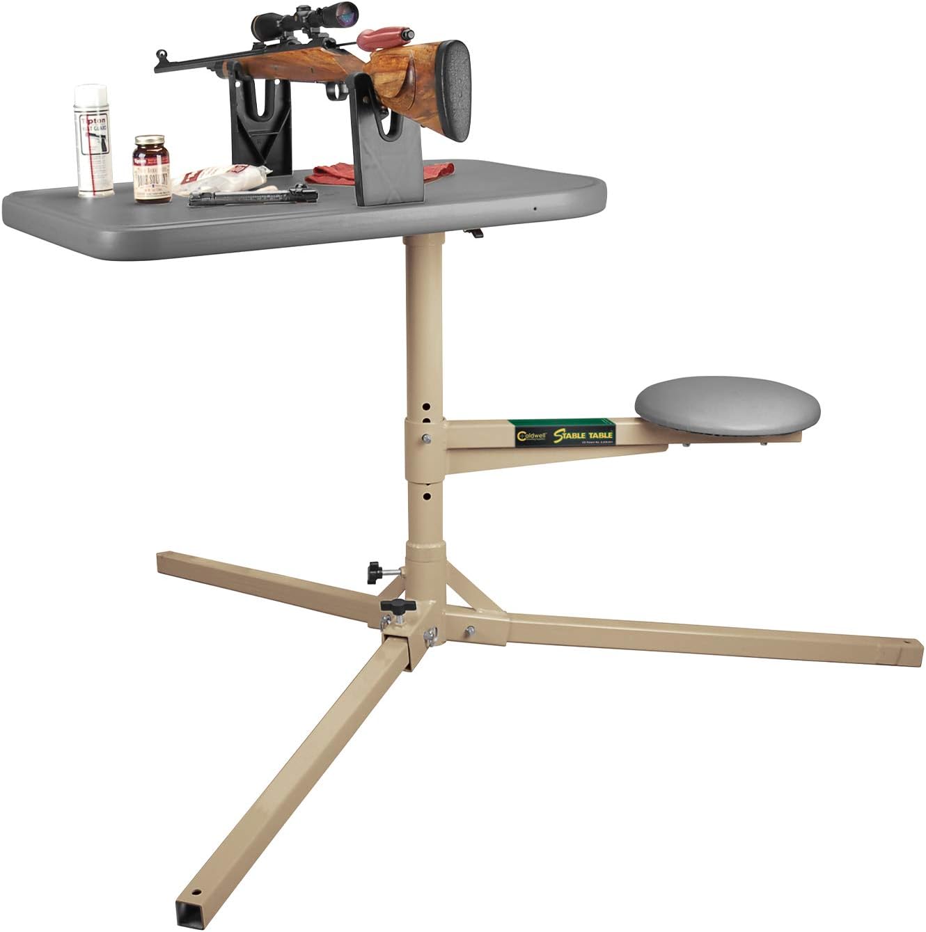 Caldwell Stable Table with Ambidextrous Design, 360 Degree Rotation and Weatherproof Synthetic Top and Seat for Outdoor, Range, Shooting and Cleaning