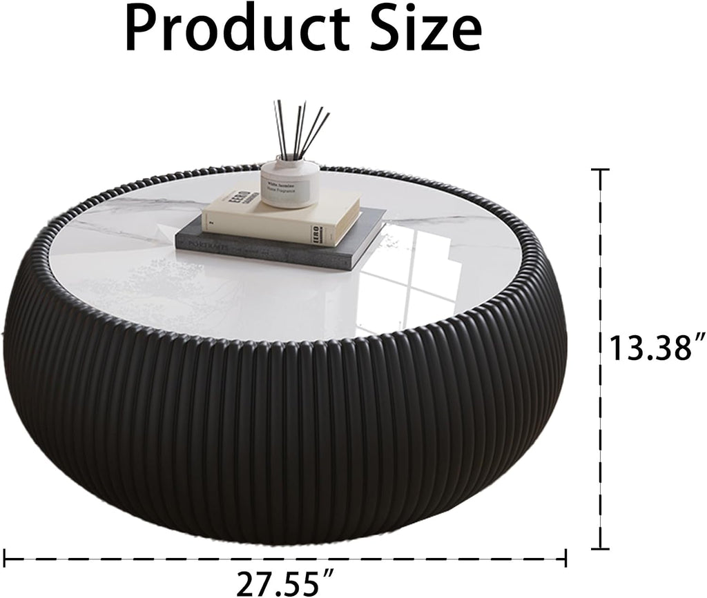 Black Round Coffee Table with Sintered Stone Tabletop, 27.55' Drum Coffee Table with Fluted PU Leather Covered and Stable Base, Circle Cocktail Tea Table for Living Room