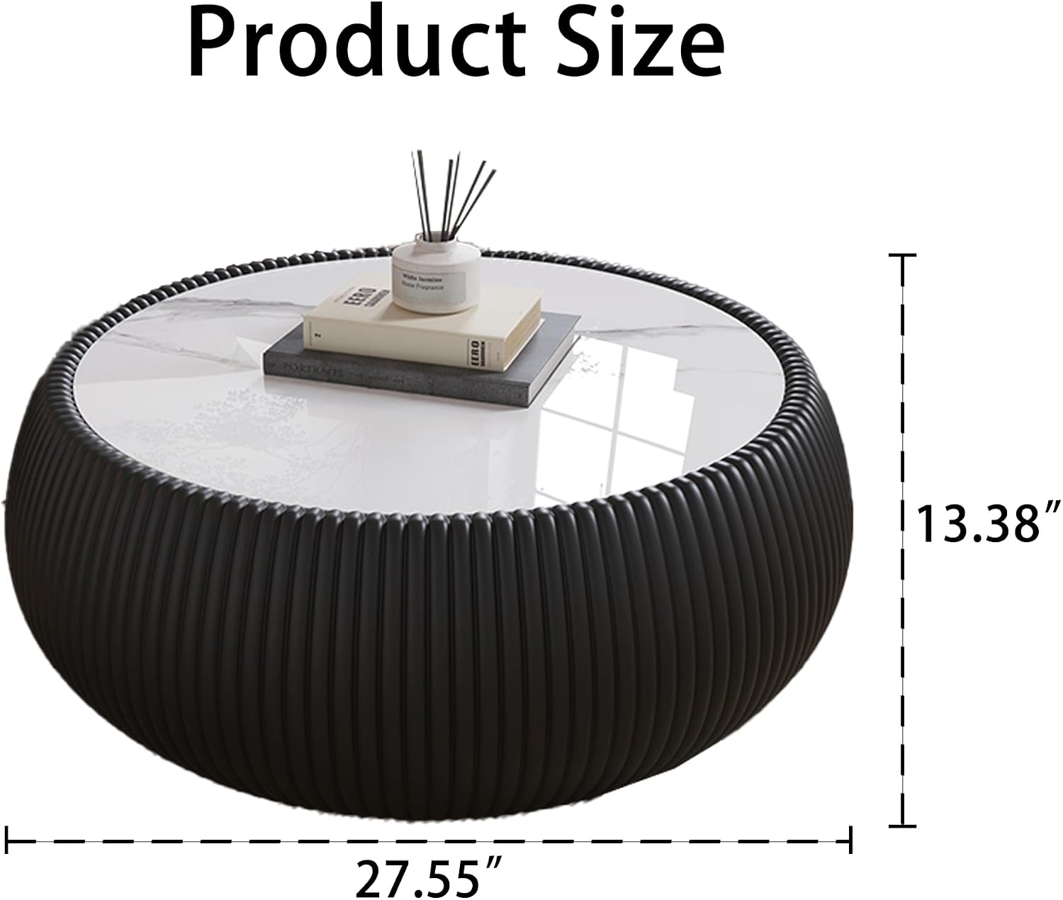 Black Round Coffee Table with Sintered Stone Tabletop, 27.55' Drum Coffee Table with Fluted PU Leather Covered and Stable Base, Circle Cocktail Tea Table for Living Room