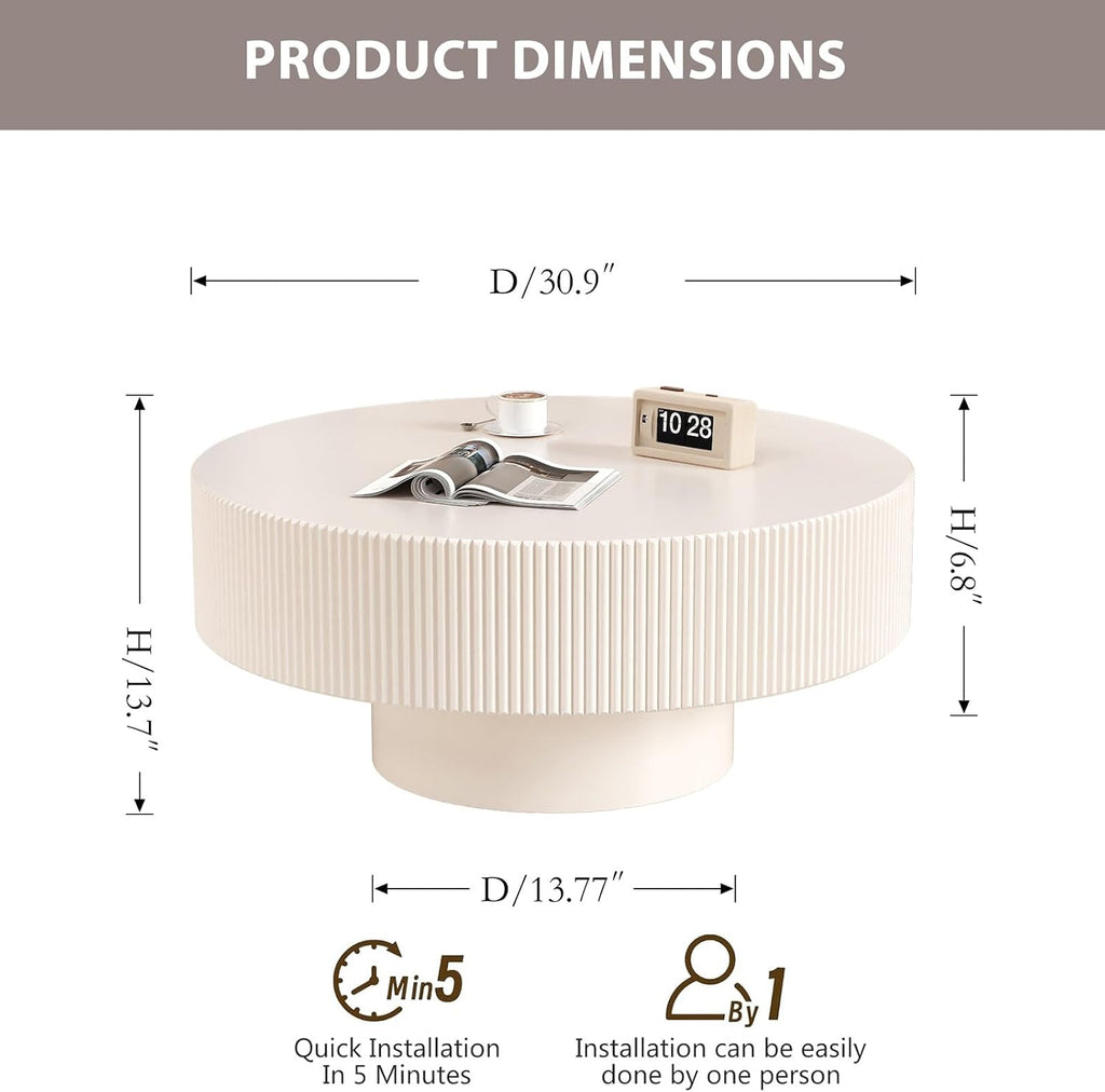 Round Drum Coffee Table Modern Unique Round Fluted Coffee Tables Farmhouse Fluted Circle Center Table Accent Tea Table with Sturdy Pedestal for Living Room Reception Room (White 31 inch)