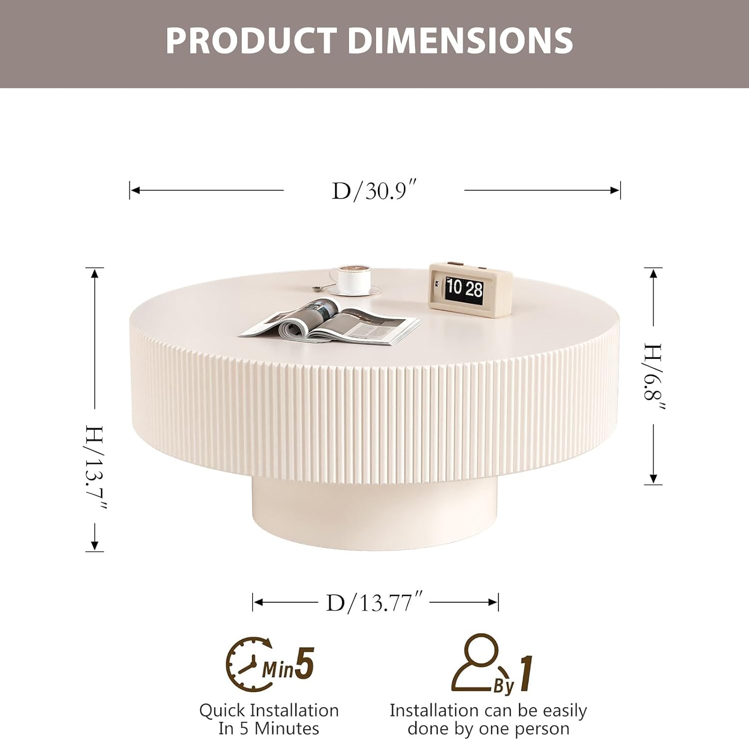 Round Drum Coffee Table Modern Unique Round Fluted Coffee Tables Farmhouse Fluted Circle Center Table Accent Tea Table with Sturdy Pedestal for Living Room Reception Room (White 31 inch)