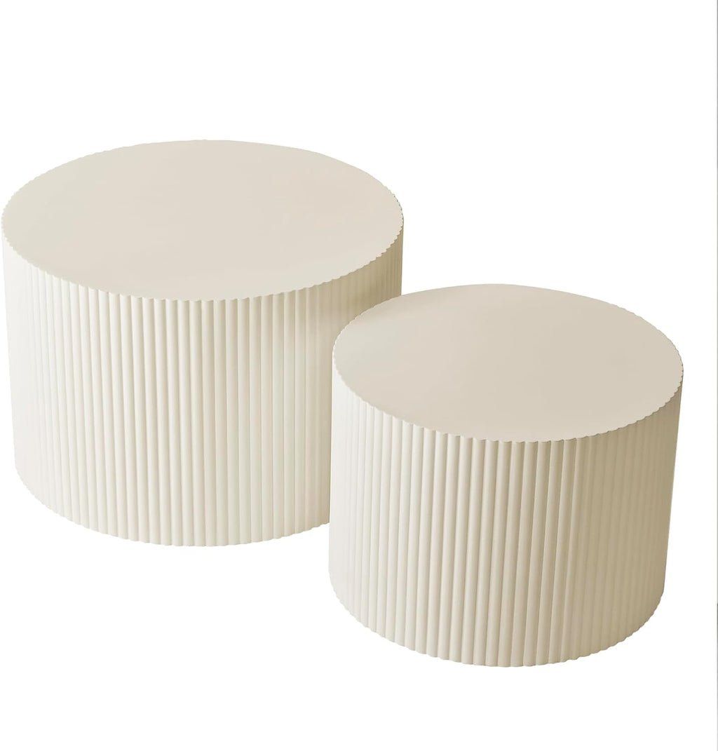 Nesting Coffee Table Set of 2, Modern Drum Side End Wave Stripe Round Coffee Table for Living Room, Bedroom, Beige