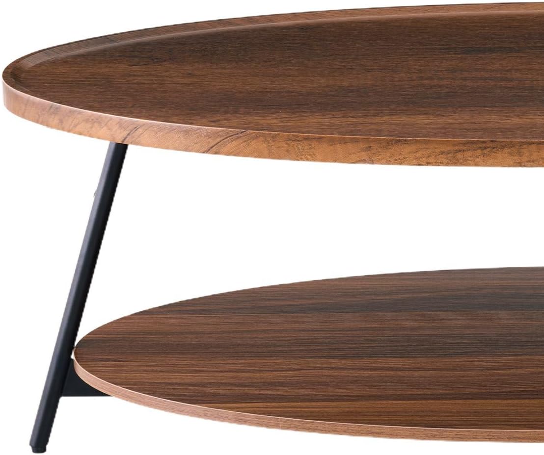 AGV Oval Coffee Table with Shelf Storage, 2-Tier Walnut Wood Finish Center Table for Living Room, Modern Asymmetrical Metal Legs, Raised Edge Sofa Table
