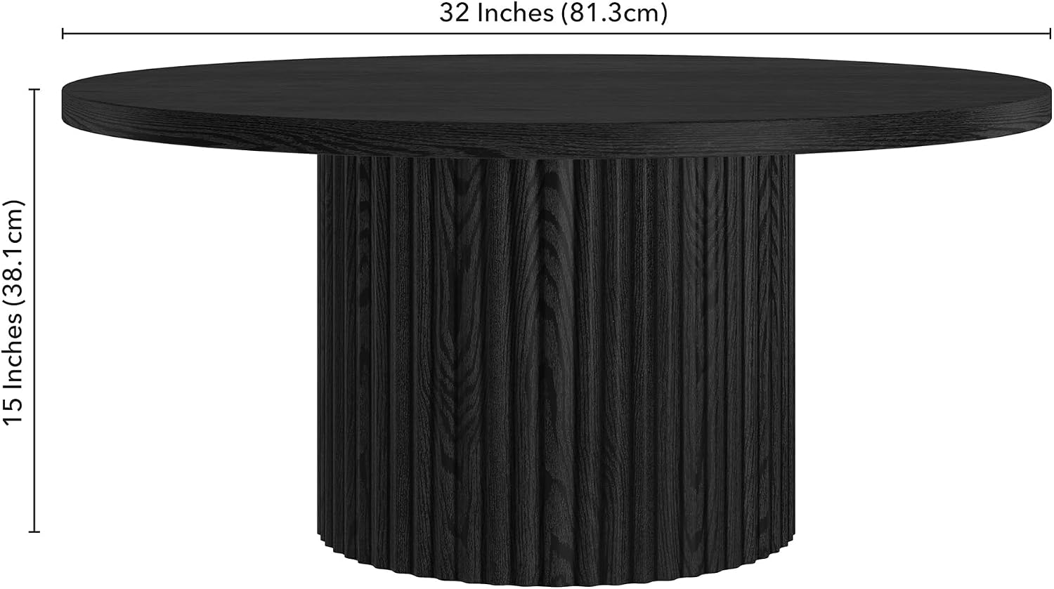 Henn&Hart 32' Fluted Round Wooden Pedestal Low-Profile Coffee Table with Ribbed Pedestal Base for Living Room, Family Room, Office, or Apartment, Natural Black