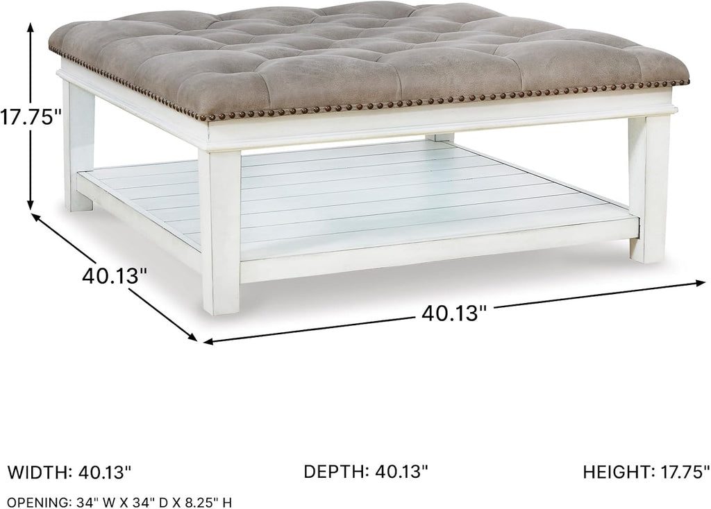 Signature Design by Ashley Kanwyn French Country Upholstered Square Ottoman Coffee Table, Whitewash