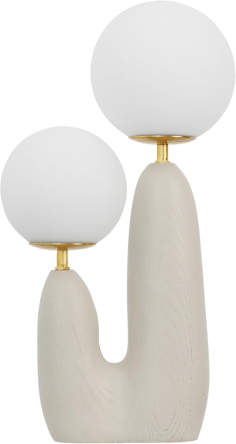 JONATHAN Y 17.75' Almond/Brass Gold Modern Bohemian Danish Cactus LED Table Lamp, 2-Light Mid-Century Minimalist Desk Light for Bedroom Living Room, Frosted Glass Globe Shades (JYL4065C)