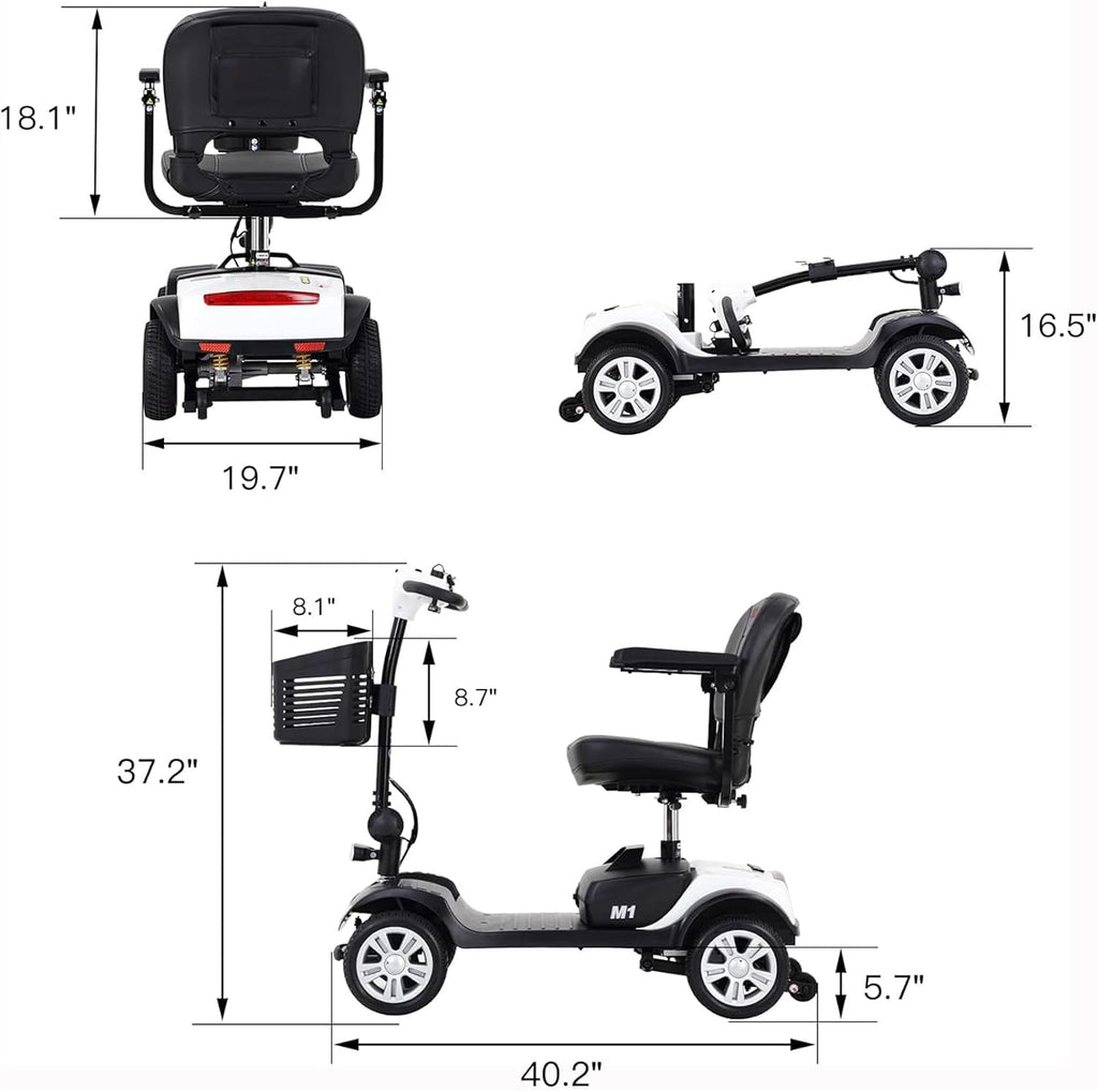 Mobility Scooters for Seniors & Adults 400 Lb Weight All Terrain,Portable 4 Wheel Powered Scooter,Lightweight Foldable Disability Electric Wheelchair,Front and Rear Led Lights,15 Miles,Black