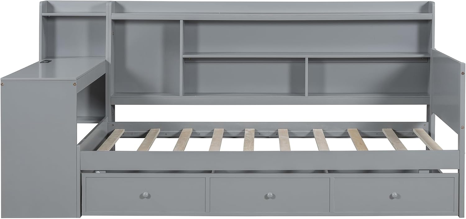 Twin Size Daybed Frame with Desk and 3 Storage Drawers & USB Port Shelves Headboard, Pinewood Corner Bed, Twin Captain Bed for Small Room, Bedroom, Guest Room,Gray