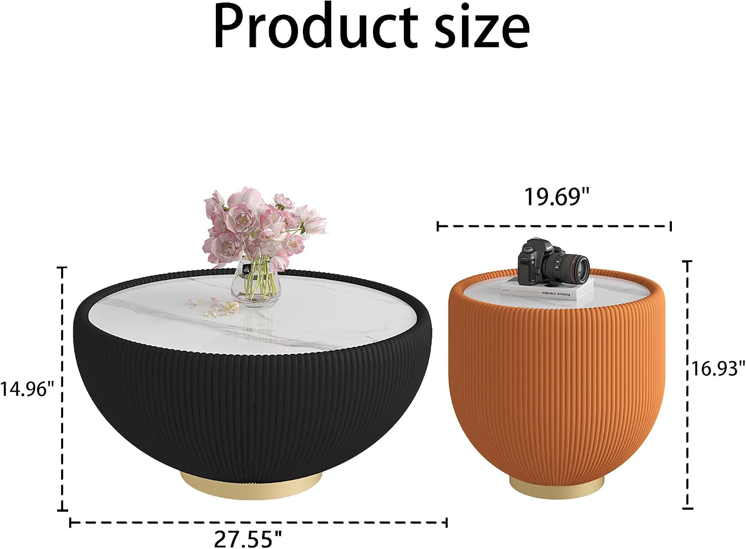 Round Coffee Table Set with Sintered Stone Tabletop, 27.56' Black Drum Center Table and 19.69' Orange Coffee Table Set, 2 Pieces Living Room Table Set with Fluted PU Leather Cover& Metal Base