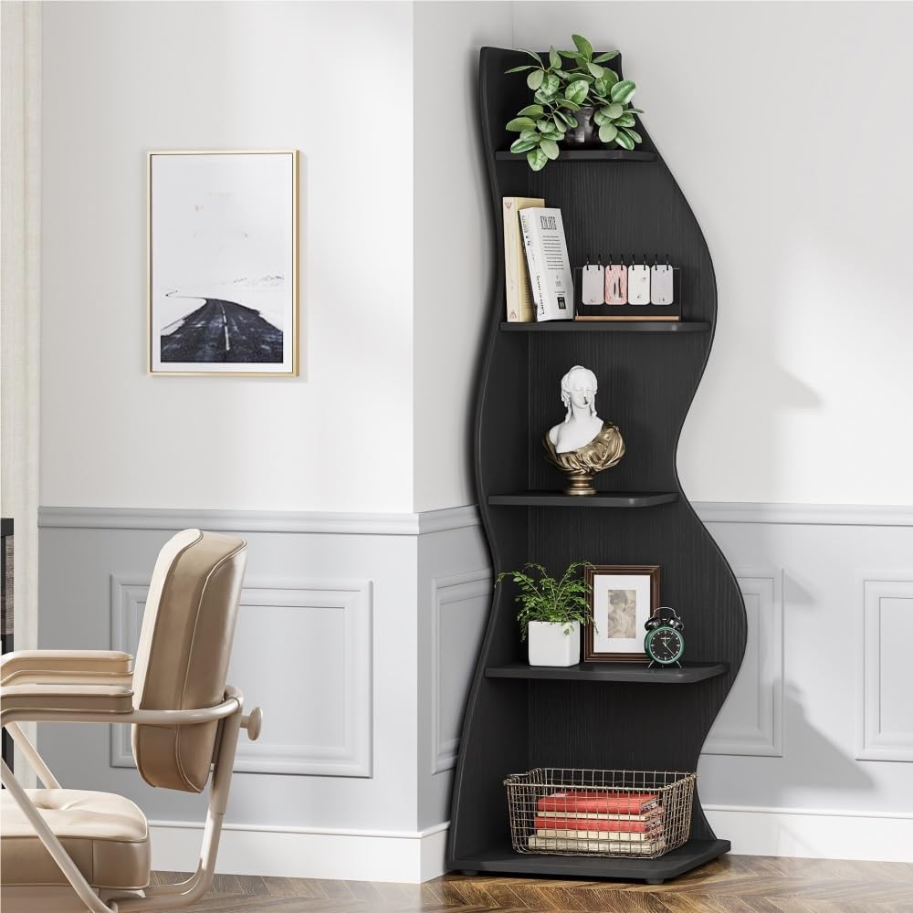 Vertical Bookshelf Tower, Narrow Corner Bookcase, Space-Saving Storage Shelf, Indoor Display Cabinet, Spine Bookshelf, Floor-Standing Corner Shelf for Bedroom(Black)