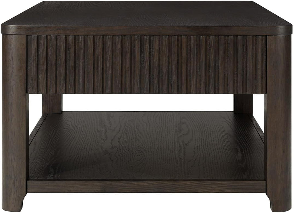 HULALA HOME Modern Fluted Coffee Table with Storage, Wood Oak Veneer Coffee Table with Wide Tabletop, 2 Drawers and Lower Shelf for Living Room, Easy Assembly, Black