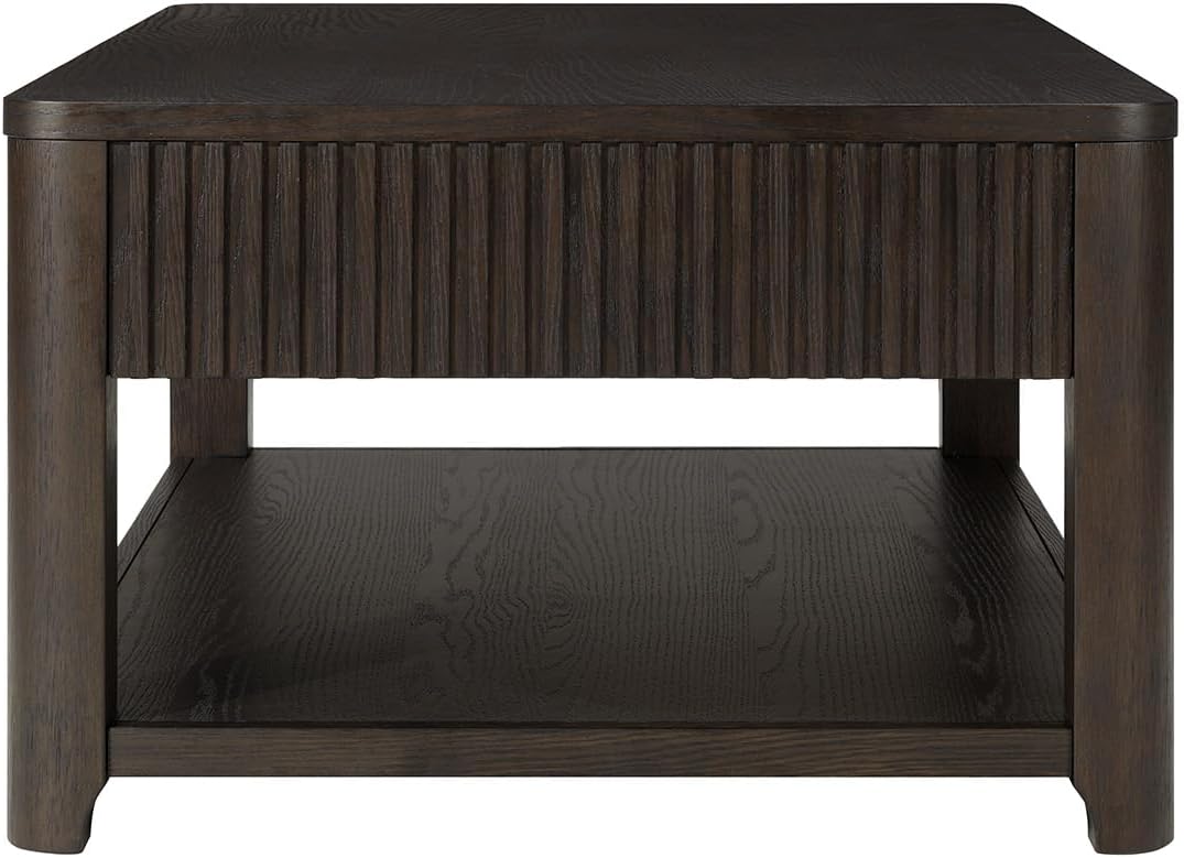 HULALA HOME Modern Fluted Coffee Table with Storage, Wood Oak Veneer Coffee Table with Wide Tabletop, 2 Drawers and Lower Shelf for Living Room, Easy Assembly, Black