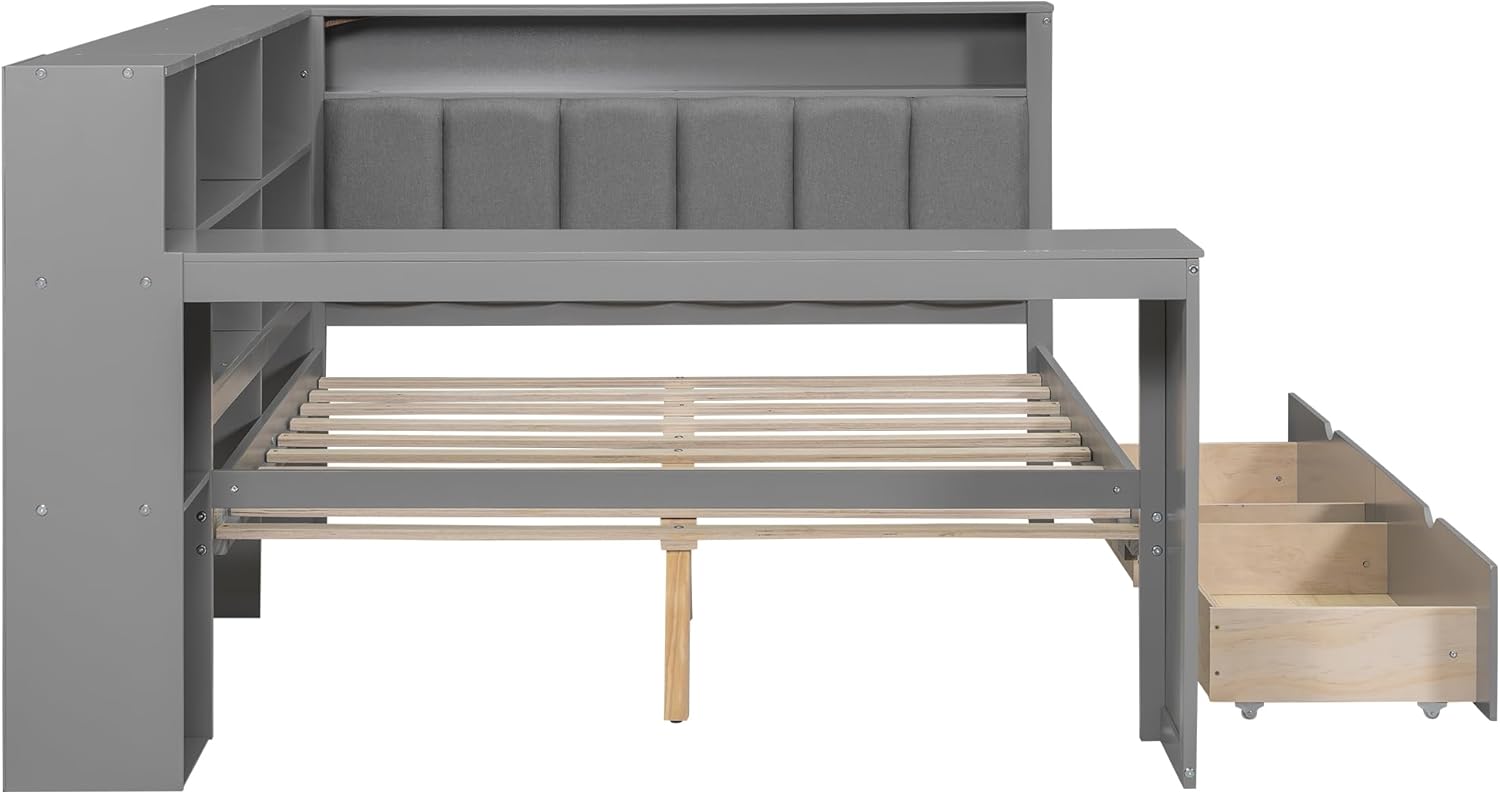 Wood Full Size Daybed with Storage Shelves and Desk, L-Shaped Corner Platform Bed Frame with Upholstered Headboard and 2 Drawers for Office Living Room Bedroom, Space-saving (Grey-7.16, Full)
