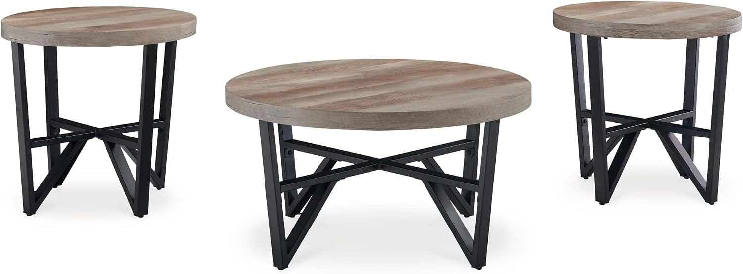 Signature Design by Ashley Deanlee Contemporary Table Set with Metal Frame, Set of 3, Light Brown & Black