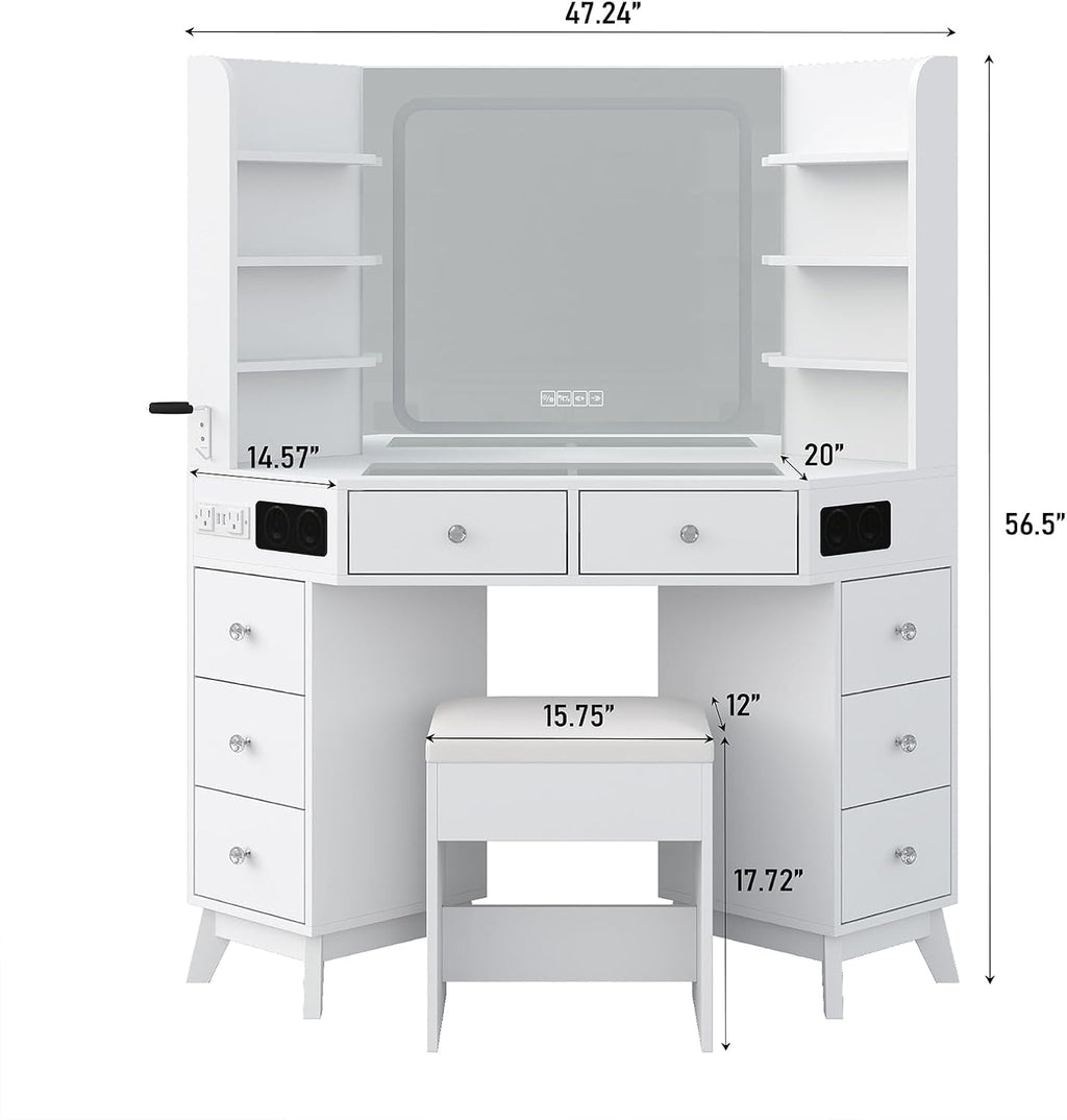 Yanosaku Corner Vanity Desk with Buil-in Speaker, 8 Drawers & 6 Shelves, Makeup Vanity with Glass Top, Modern Vanity with Mirror and Lights, 3 Color Lighting Modes, Dressing Table for Bedroom, White