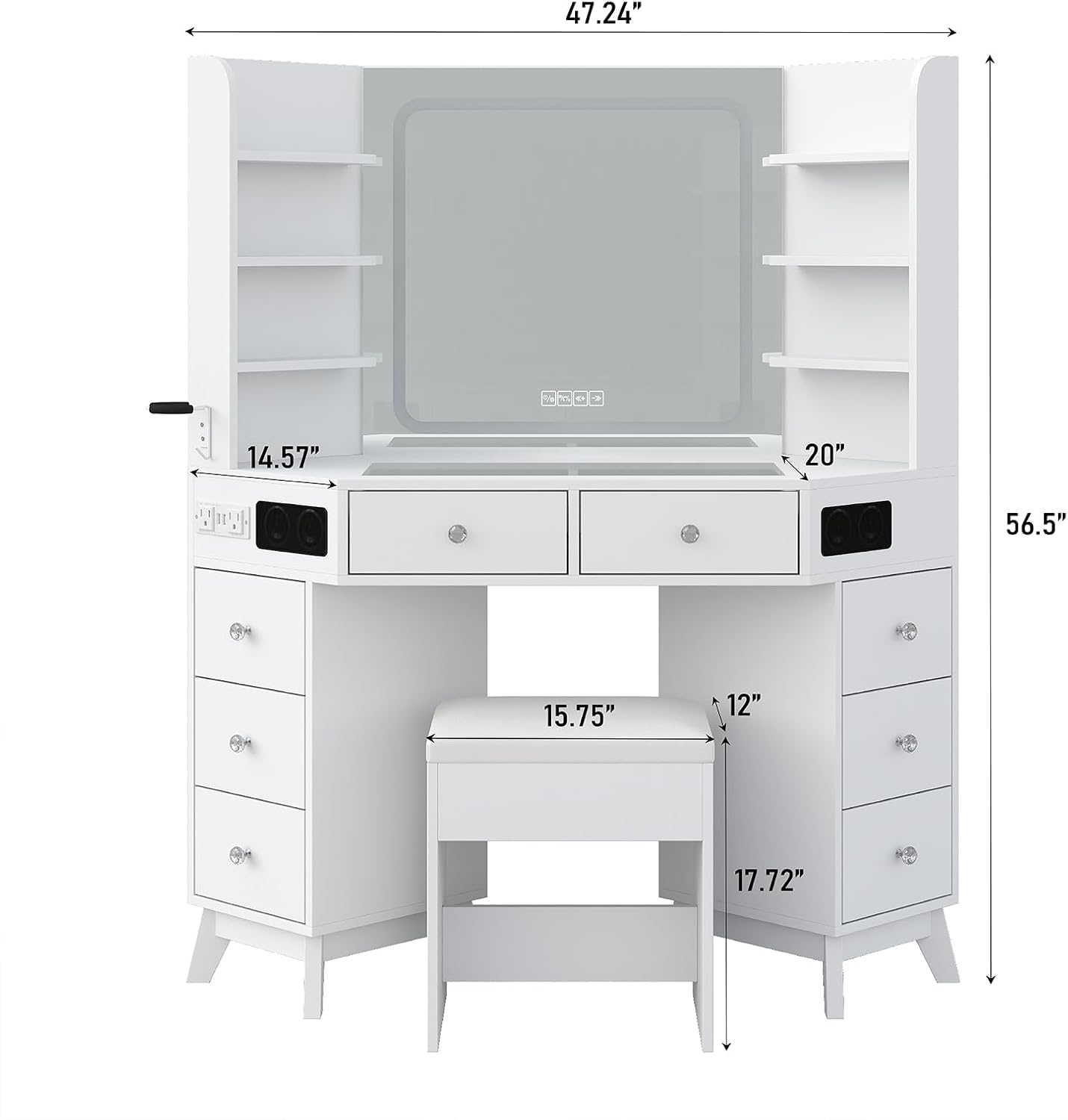 Yanosaku Corner Vanity Desk with Buil-in Speaker, 8 Drawers & 6 Shelves, Makeup Vanity with Glass Top, Modern Vanity with Mirror and Lights, 3 Color Lighting Modes, Dressing Table for Bedroom, White