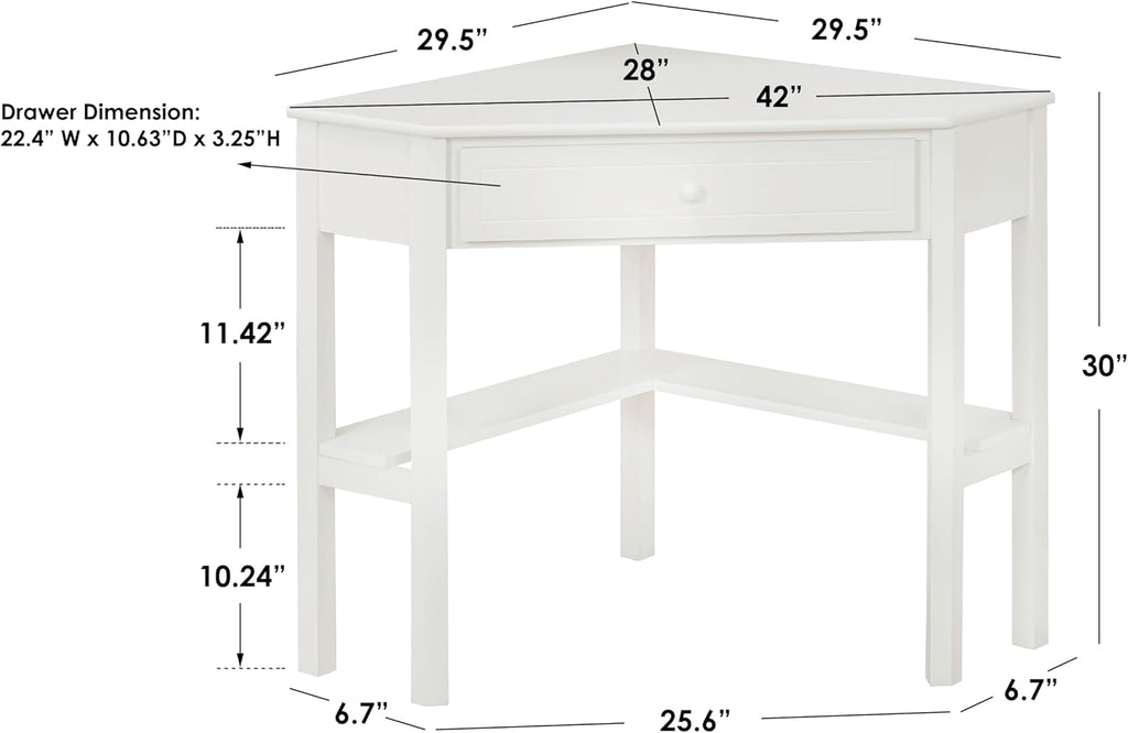 Ellen Wood Small Corner Desk with Wooden Knob Storage Drawer and Shelf – Compact Computer Table for Home Office, Bedroom, or Study (Antique White)