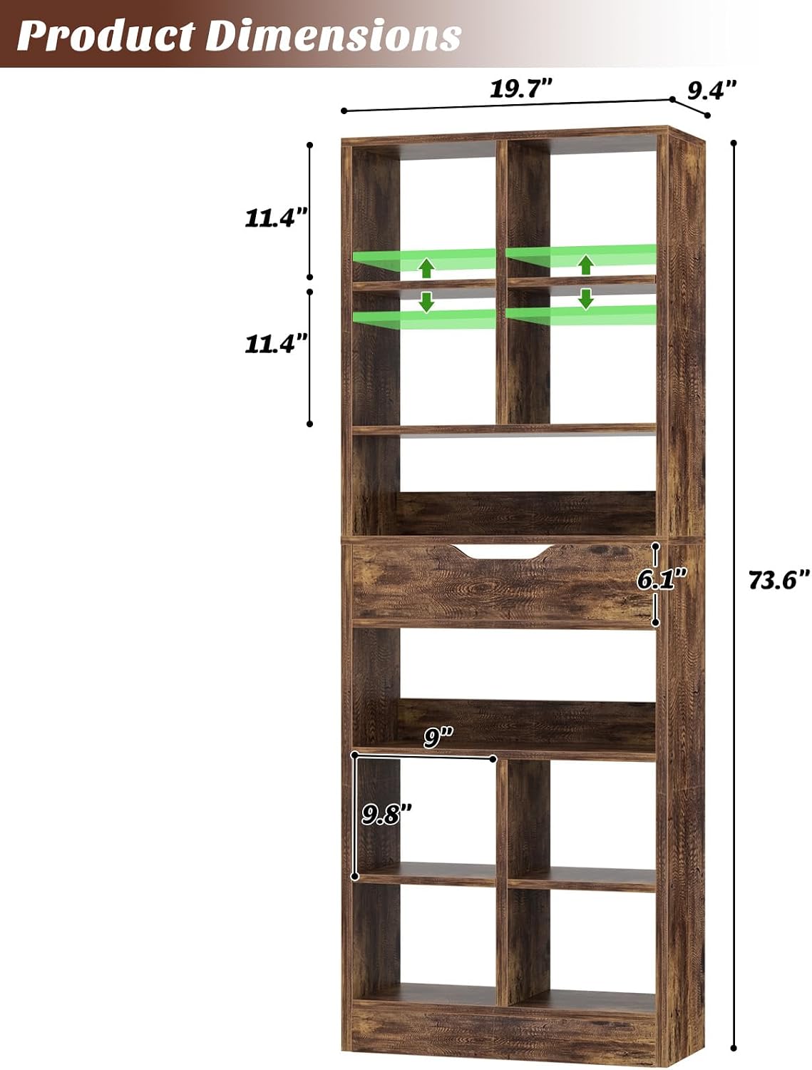 Armocity 8-Tier Tall Bookshelf with Drawer, 73.6' Narrow Freestanding Bookcase, Space-Saving Wood Display Shelves Storage for Living Room, Home Office Bedroom, Rustic Brown