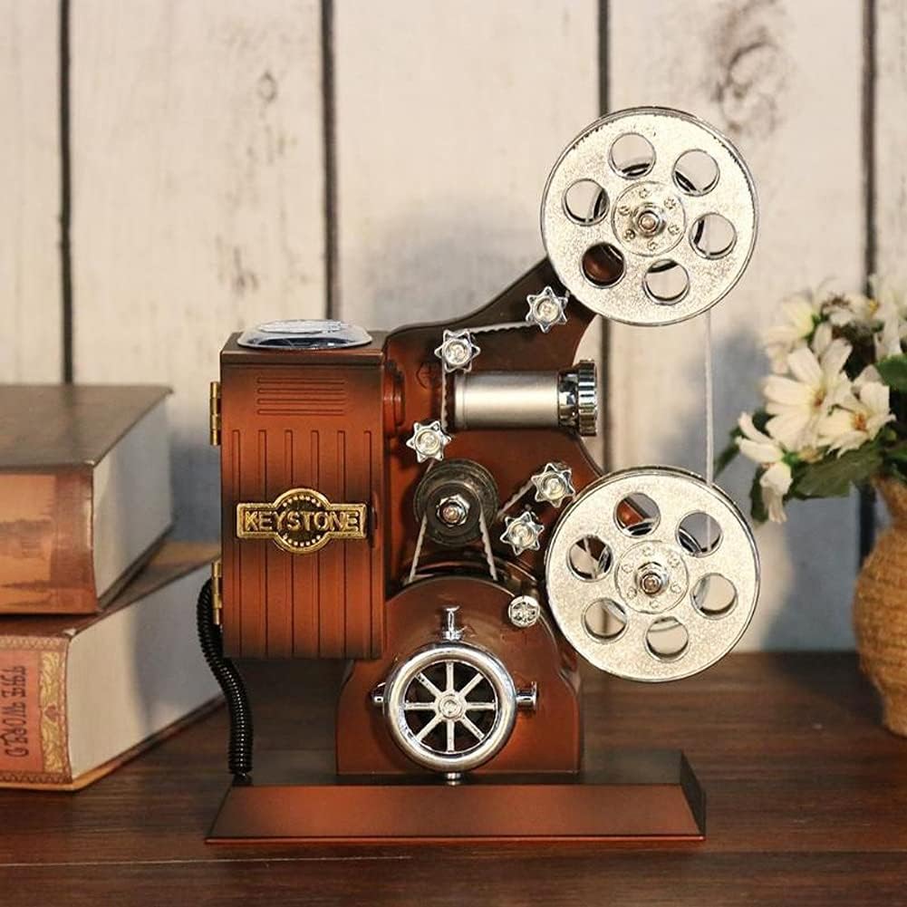 Antique Retro Movie Film Projector Music Box Wood Metal Musical Boxes Birthday Gift Toy for Kids Vintage Wedding Home Decoration