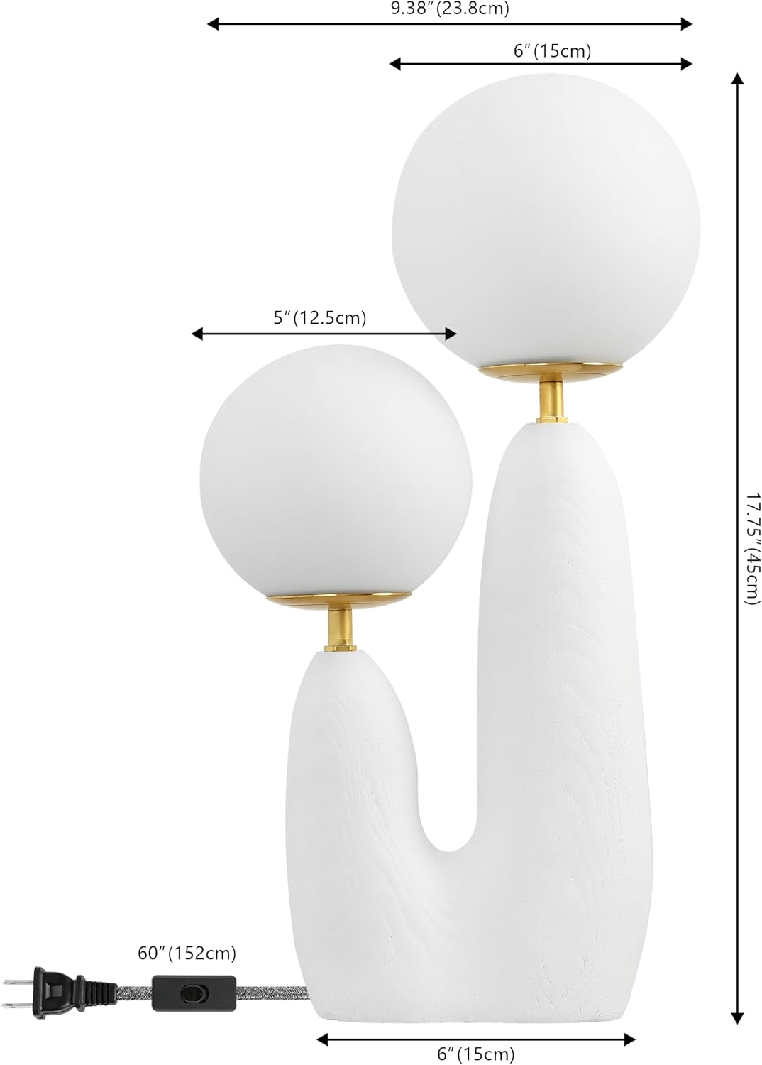 JONATHAN Y 17.75' White/Brass Gold Modern Bohemian Danish Cactus LED Table Lamp, 2-Light Mid-Century Minimalist Desk Light for Bedroom Living Room, Frosted Glass Globe Shades (JYL4065B)
