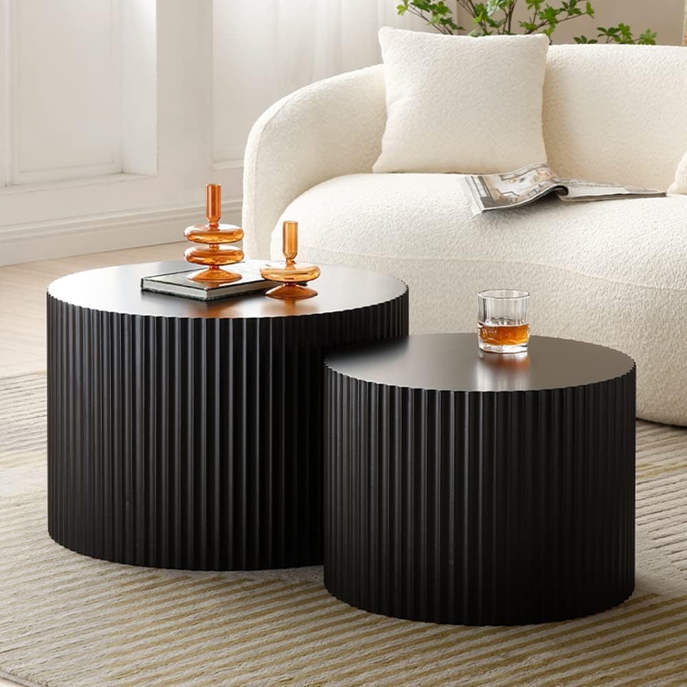 JUSTONE 2-Piece Nesting Coffee Tables Set - Modern Drum End Tables for Small Spaces, Black Round Accent Furniture for Living Room & Apartments (15.75' H)