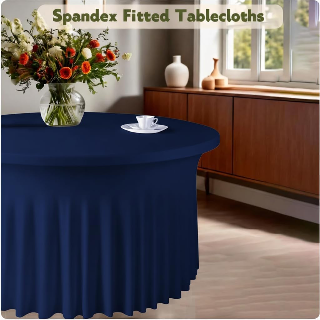WJWHQ 10 Pack Navy Blue Round Spandex Tablecloths for 60in Tables, 120Inch Stretchy Fitted 5FT Round Table Clothes,Wrinkle Free Table Cover with Skirt for Wedding Party Dining Banquet
