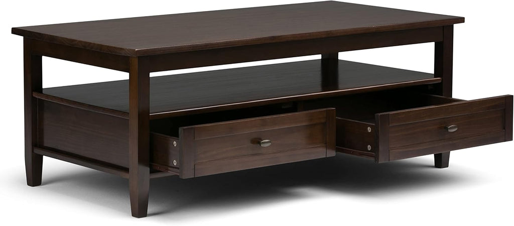 SIMPLIHOME Warm Shaker Coffee Table - 48 inch Wide Solid Wood Coffee Table in Tobacco Brown, Transitional Living Room Table with 2 Drawers, Open Shelf, Shaker Fronts and Tapered Legs