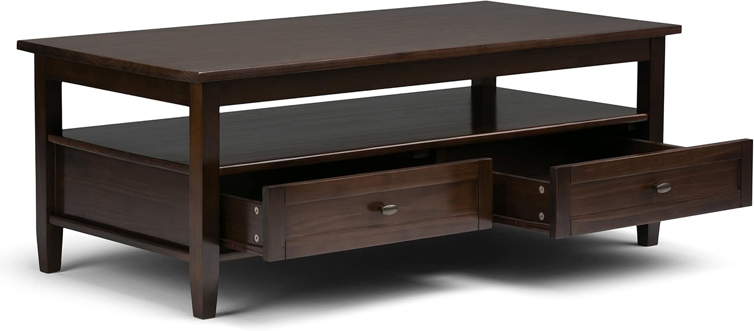 SIMPLIHOME Warm Shaker Coffee Table - 48 inch Wide Solid Wood Coffee Table in Tobacco Brown, Transitional Living Room Table with 2 Drawers, Open Shelf, Shaker Fronts and Tapered Legs