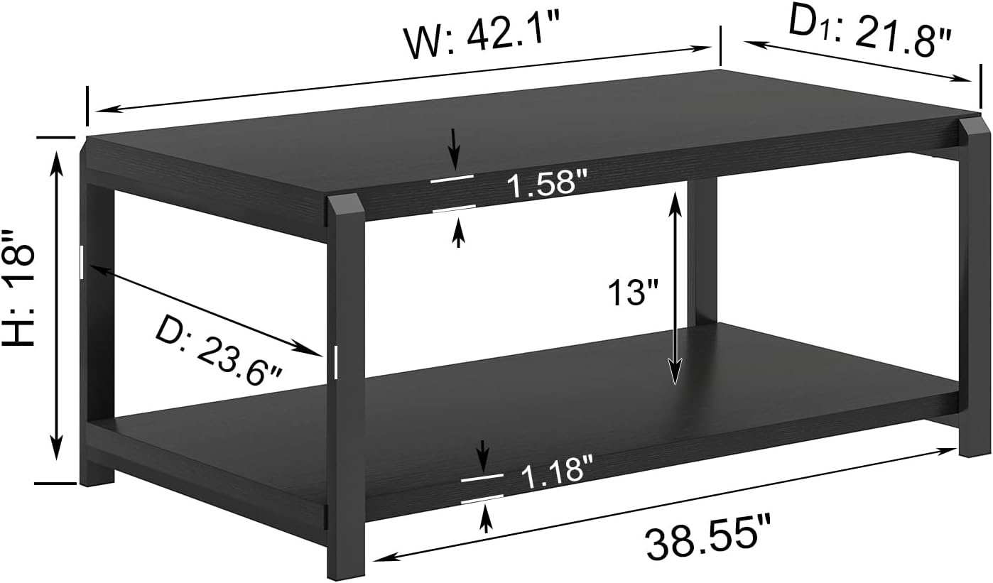 EXCEFUR Black Coffee Table, Modern Rustic Wood Center Table for Living Room, Industrial Rectangle Cocktail Tea Table with Storage Shelf