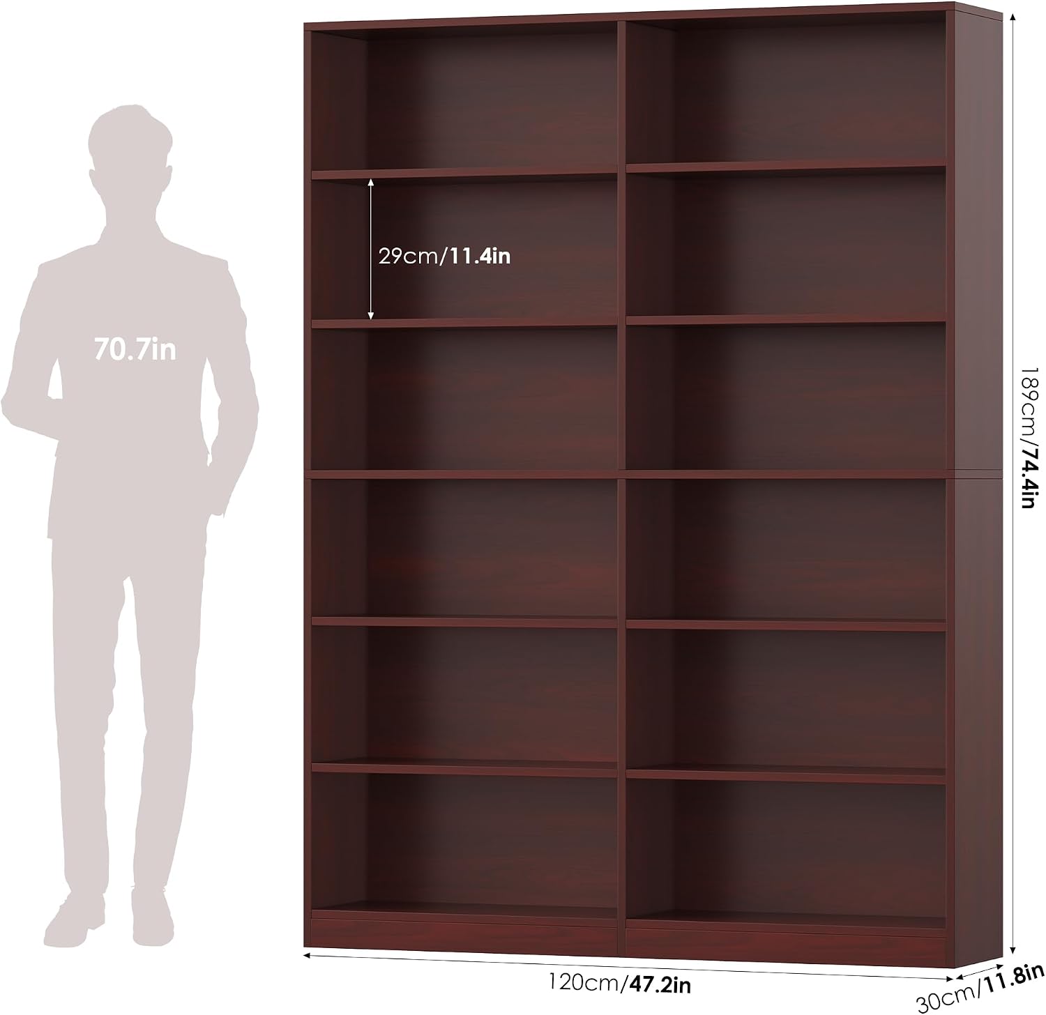 FACBOTALL Bookshelf and Bookcase, 6-Tier Double Wide Bookshelves,Freestanding Display Storage Shelves, Tall Bookcases for Home Decor Bedroom, Living Room, Home Office, Cherry