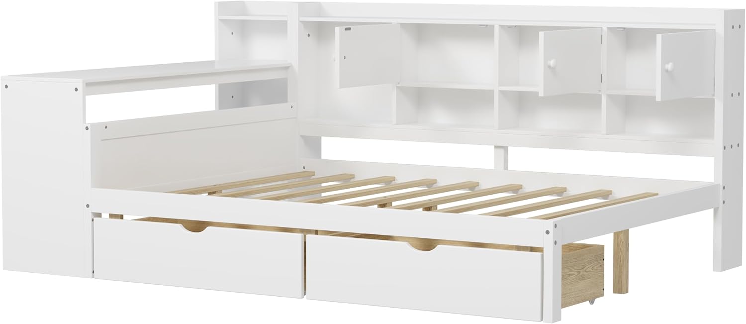 Mirightone Full Bed Frames with Storage, L-Shaped Corner Beds with Desk, Wood Daybed with Bookcase, Platform Beds with Drawers and Shelves for Living Room, Bedroom, Teens Room, White