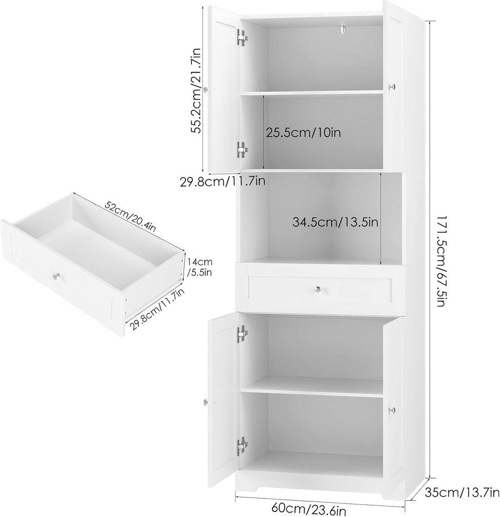 Tall Bathroom Storage Cabinets with Drawer, Modern Linen Cabinet with Doors & Shelves, 67'H Tall Storage Cabinet Freestanding for Bathroom, Dining Room, Kitchen & Pantry, Laundry, Narrow Corner, White
