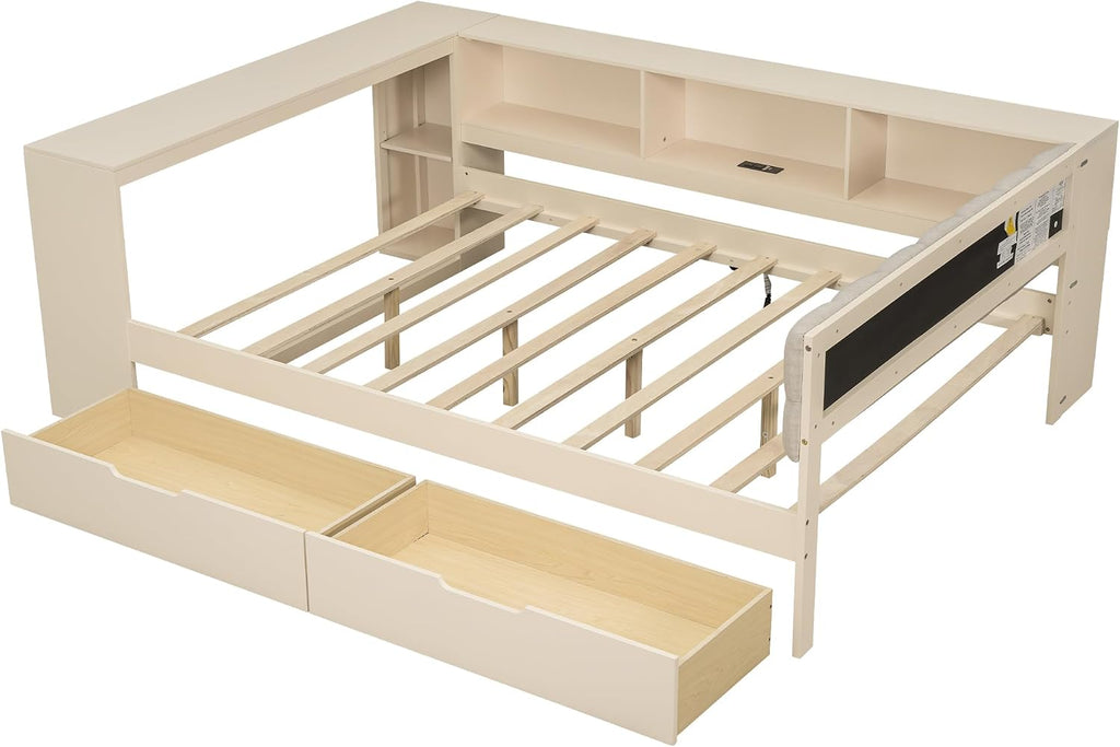 Bellemave Full Size Corner Bed Frame with Storage Drawers and Desk,Captain Daybed with L-Shaped Bookcase,Corner Bed Frame Full Size with Charging Station for Kids,Teens,Guests,Cream