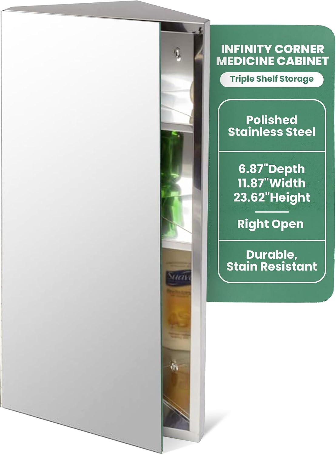 Renovators Supply Infinity Corner Wall Mount Medicine Cabinet with Mirror Polished Stainless Steel Bathroom Storage 23.6 x 11.8 Inches Hanging Triple Shelf Storage Cabinet Opens Right to Left
