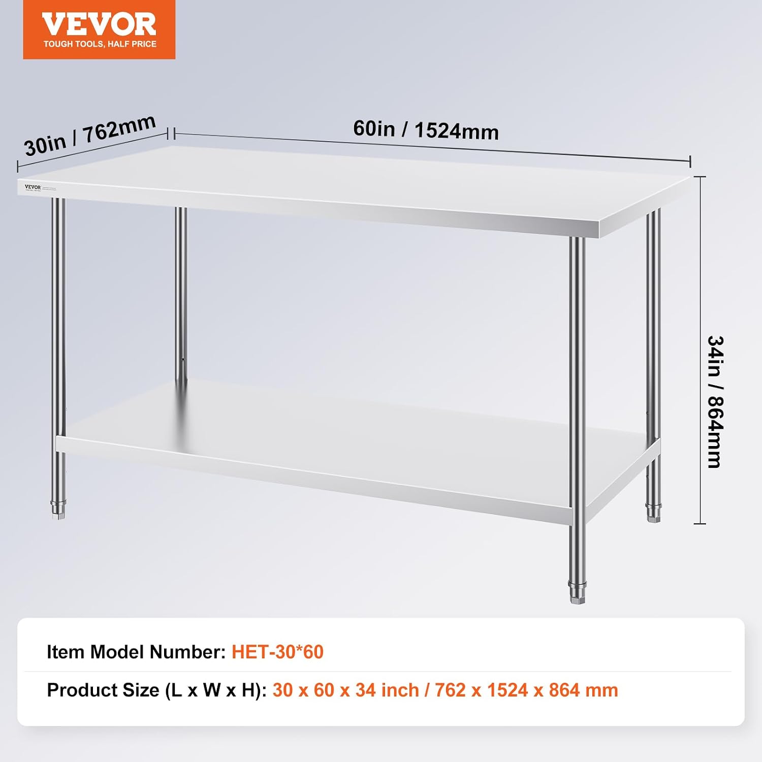 VEVOR Stainless Steel Prep Table, 30 x 60 x 34 Inch, 910 lbs Load Capacity, Heavy Duty Metal Worktable with 3 Adjustable Height Levels, Commercial Workstation for Kitchen Garage Restaurant Backyard