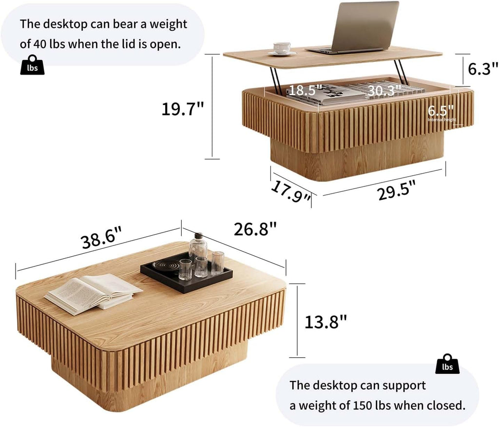Lift Coffee Table with Storage & Adjustable Height, Solid Wood Coffee Table Fluted Center Table Accent Tea Table or Living Room, Apartment, Office (38.6' Natural)