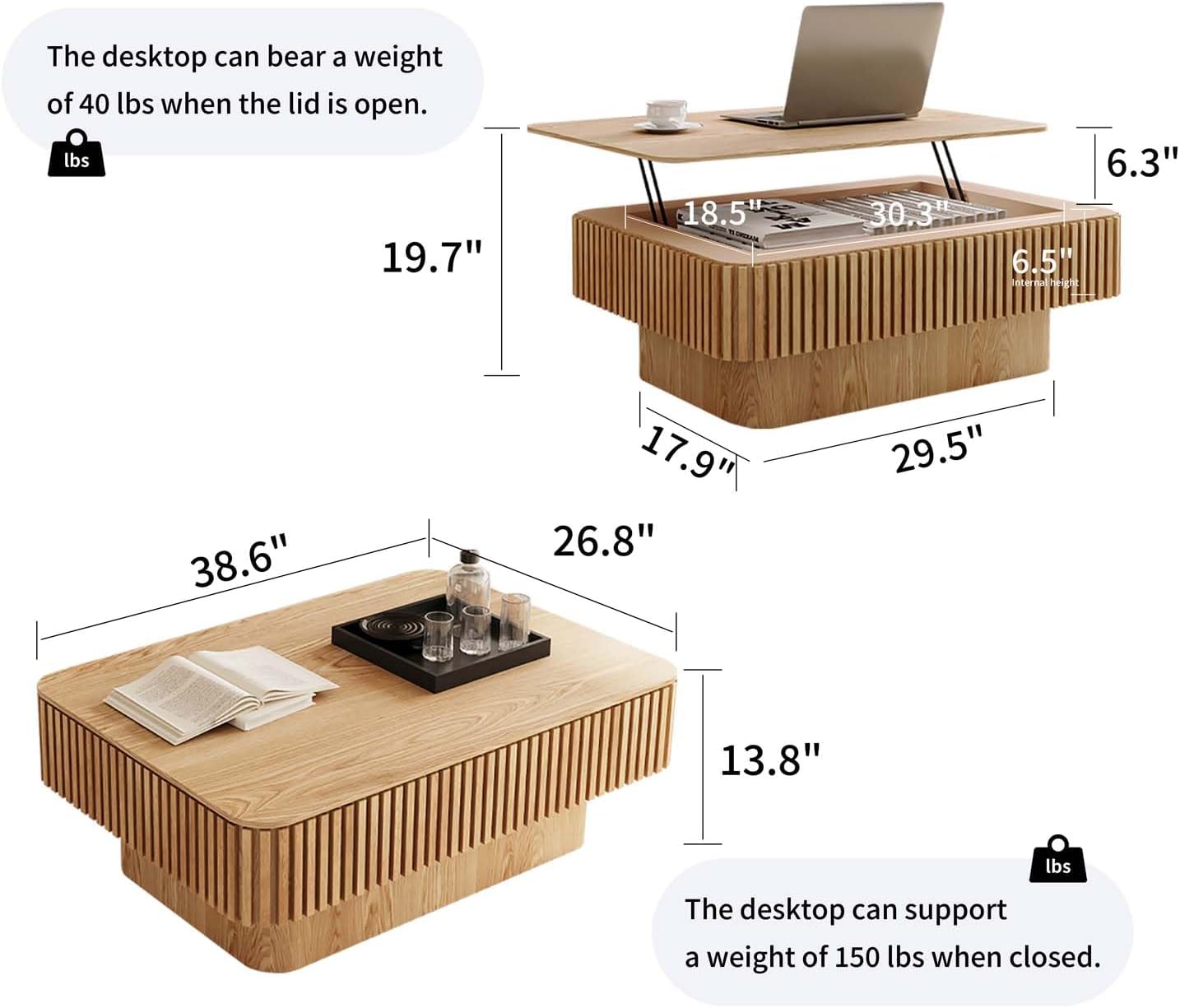 Lift Coffee Table with Storage & Adjustable Height, Solid Wood Coffee Table Fluted Center Table Accent Tea Table or Living Room, Apartment, Office (38.6' Natural)