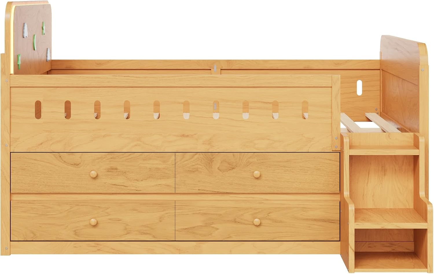 SOFTSEA Full Size Platform Bed with Storage Drawers, Solid Wood Daybed Frame with Stairs, Storage Shelves and LED Lights, Space-Saving Bed with Drawers for Bedroom, Living Room, Wood