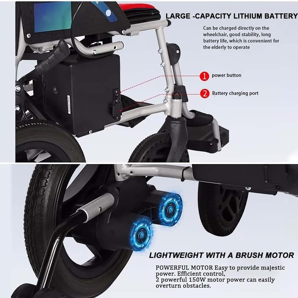 Lightweight Electric Wheelchair with Headrest, Foldable Adult Motorized Wheelchair, Aluminum Alloy Manual/Electric Transport Wheelchair, All-Terrain Travel Walker, Folding Power Wheelchair