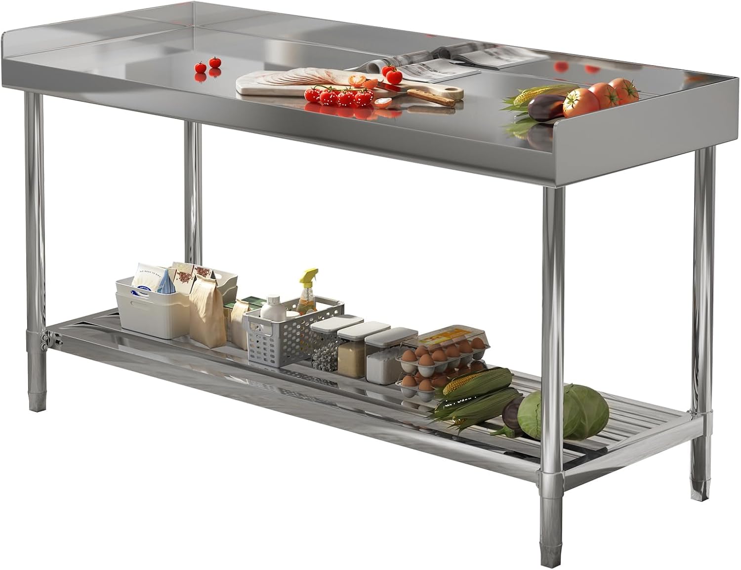 Garvee 48x24 in NSF Stainless Steel Table with Backsplash – Commercial Kitchen Prep Table for Restaurant, Home & Hotel, Heavy-Duty Workstation with Adjustable Undershelf & Splash Guard